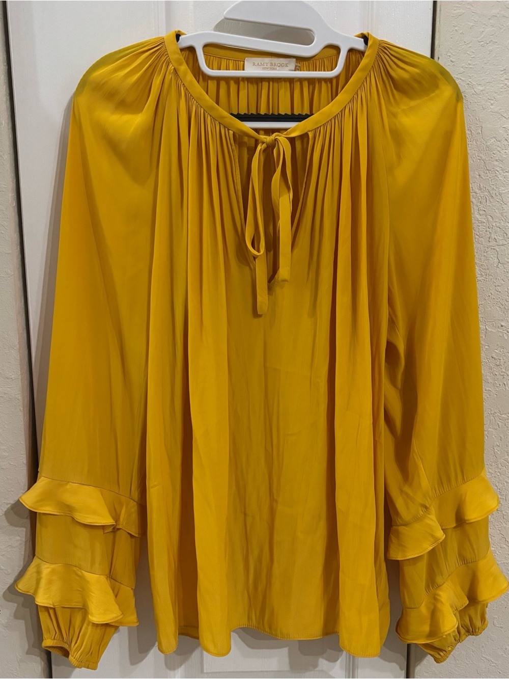 Ramy Brook Yellow Tie Neck Tiered Ruffle Sleeve Blouse - Size Medium MSRP $325